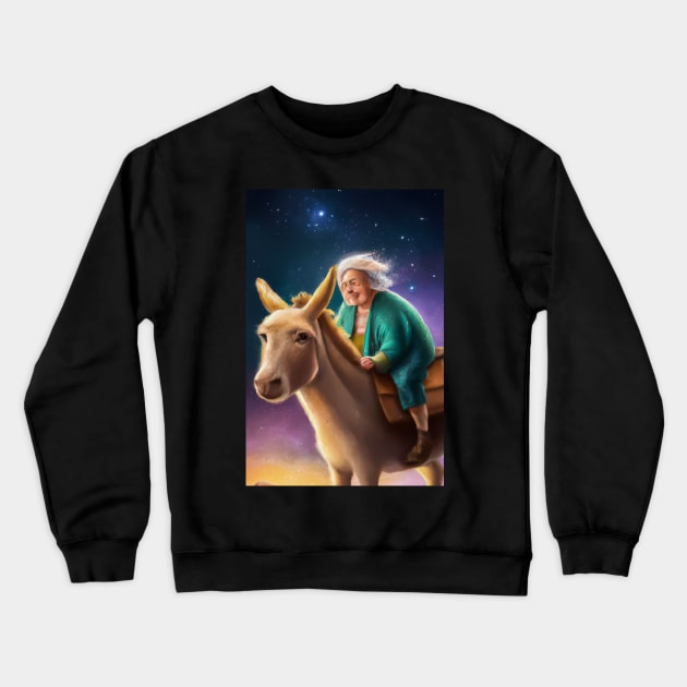 Old Woman Riding a Donkey Under Stary Skies Greeting Card Crewneck Sweatshirt by JohnCorney